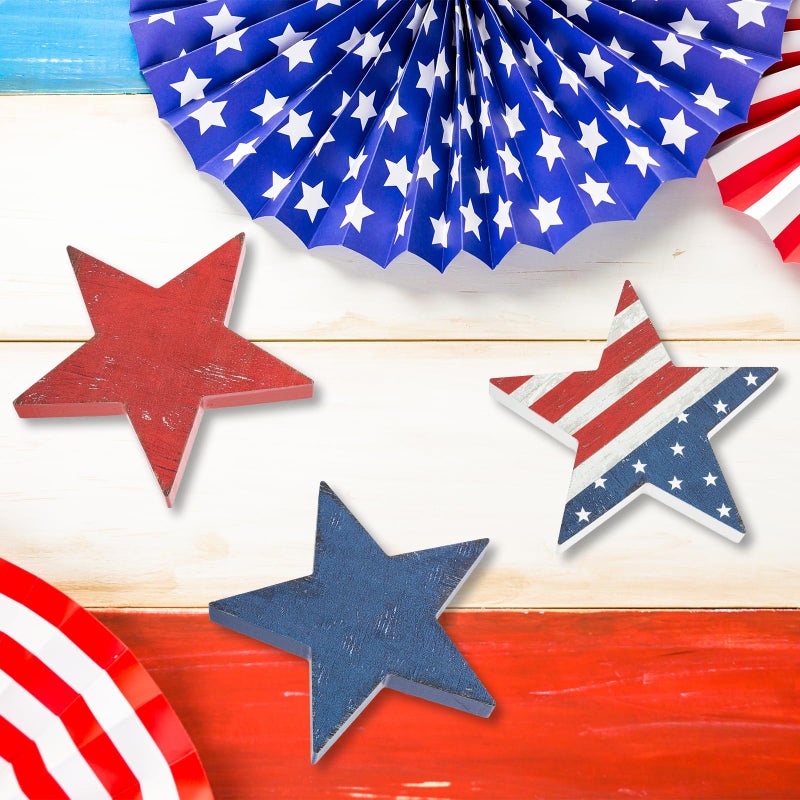 Sereliy 3 Pcs 4th of July Wooden Star Signs,Rustic Memorial Day Tiered Tray Decor, American Patriotic Table Decoration for Home Kitchen (Retro) - Image 5